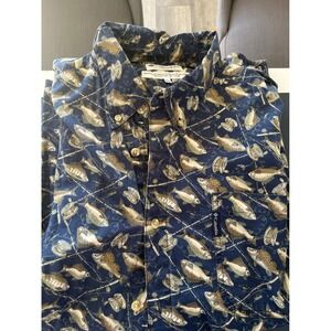 Columbia‎ Sportswear Men's XXL Blue Fish & Fishing Reel Print Button Up Shirt